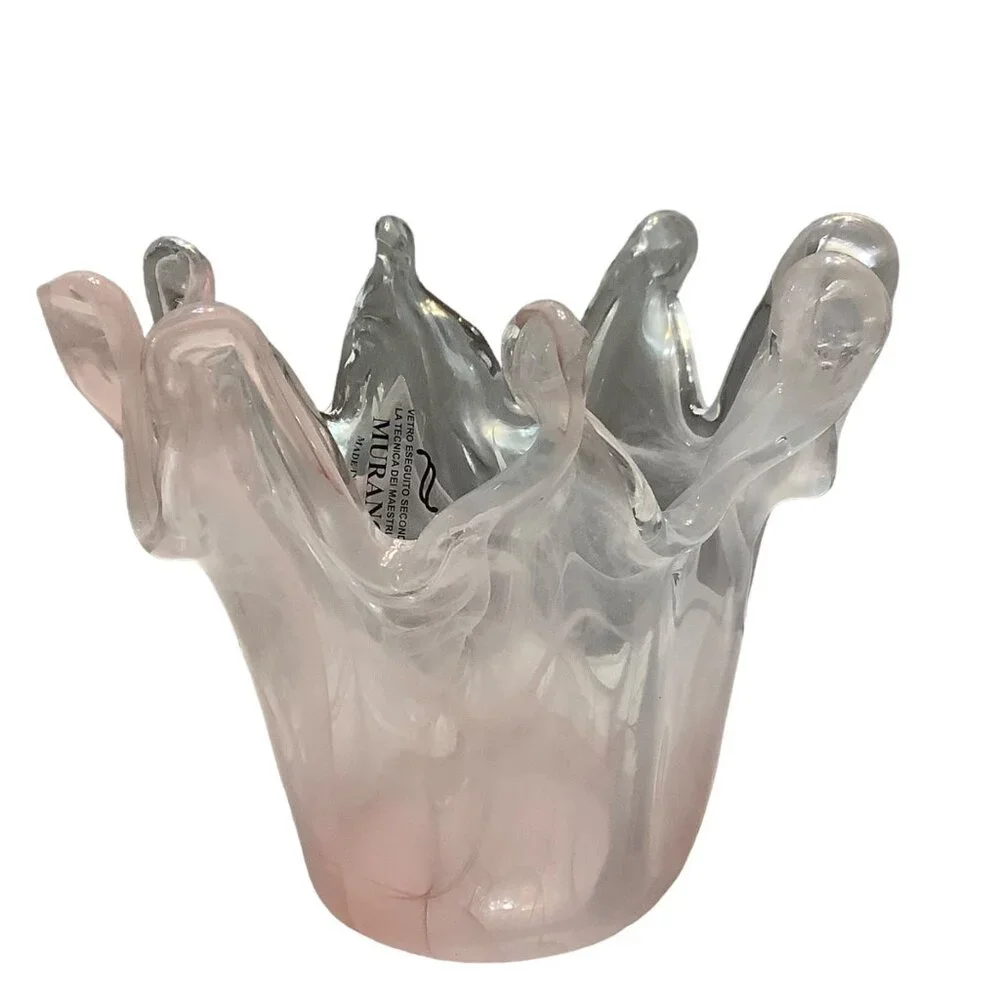 Murano Venetian Glass Splash Vase Crown Flower Top Frosted Pink Swirl Hand Blown